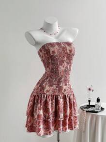 Chiquease 女式全印花休闲度假抹胸连衣裙 - 紅色 - 查看 1