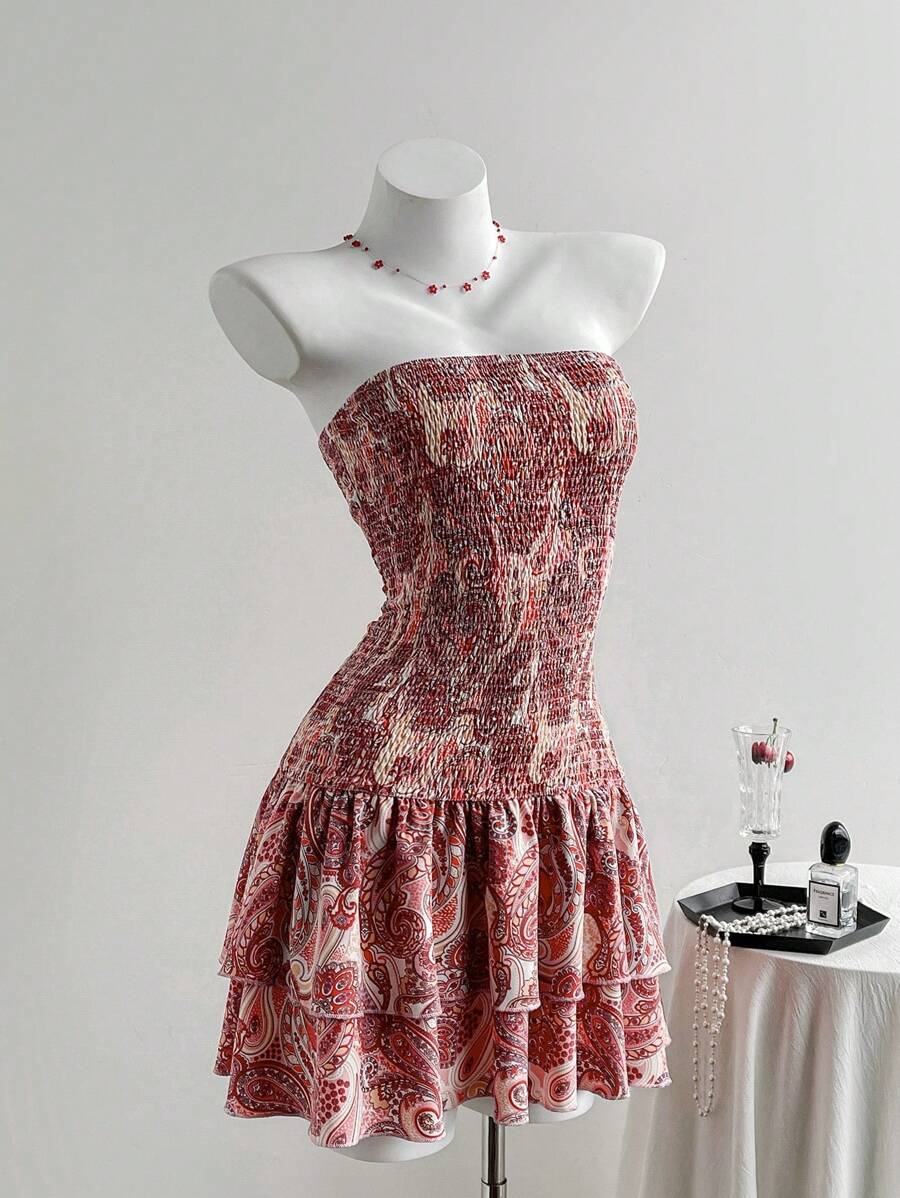 Chiquease 女式全印花休闲度假抹胸连衣裙 - 紅色 - 查看 1