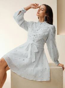 Anewsta Modern Fashionable Embroidered Bodice Detail Women's Dress