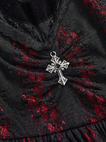 ROMWE Goth 女式哥特式月亮刺绣撞色蕾丝迷你连衣裙 - 紅色 - 查看 4