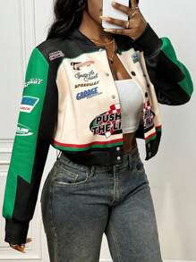Slaydiva 2025新款早秋冬休闲街头日常约会机车复古棒球夹克口号Logo杏色拼接黑绿印花落肩长袖宽松外套针织面料女装