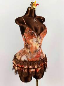 Amplova 复古豹纹蕾丝拼布细肩带层叠荷叶边下摆迷你连衣裙 - 橘色 - 查看 3