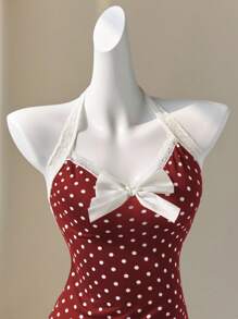Elamini 复古黑白圆点蕾丝边蝴蝶结点缀露背系带腰部拼接荷叶边下摆迷你连衣裙，优雅可爱，适合夏季、海滩、度假、日常穿着、约会 - 紅色 - 查看 4