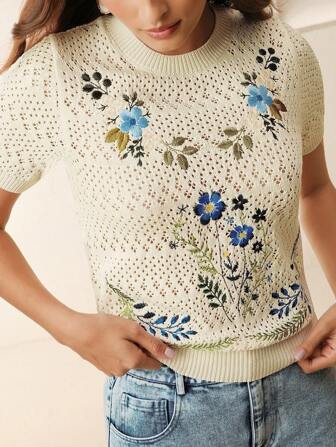 Anewsta Camiseta Premium Gola Redonda de Manga Curta com Bordado Vintage