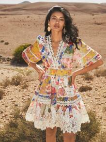 Anewsta Đầm midi hở eo họa tiết đèn lồng cổ chữ V tay ngắn họa tiết hoa viền xếp nếp cho nữ, trang phục dự tiệc/đi chơi/nghỉ dưỡng - Nhiều màu - Xem 8