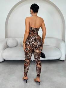 SHEIN SXY Bộ đồ liền thân in họa tiết da báo và xích kim loại rỗng gợi cảm - Nhiều màu - Xem 2