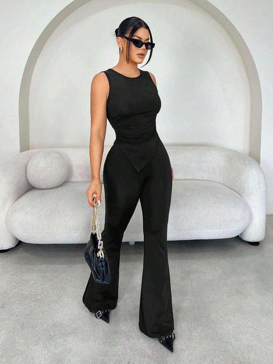 SHEIN SXY Women's Sexy Black Sleeveless Mock Neck Waist Pleated Asymmetric Hem Crop Top And Tight Pants 2 Pieces Set, Spring/Summer,Office Outfits For Women,Summer