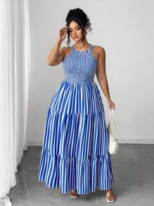 Elenzga Gaun Gingham Bergaris Vertikal Biru dan Putih dengan Ikat Pinggang - Blue and White - View 4