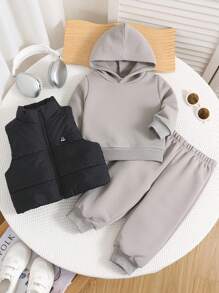 SHEIN 3pcs Baby Boy/Girl Autumn Winter Set,Soft Warm Fleece Hoodie Sweatshirt,Solid Color Casual Pants,Sleeveless Vest With Patch,Black,Modest,Club Style - Multicolor - View 1