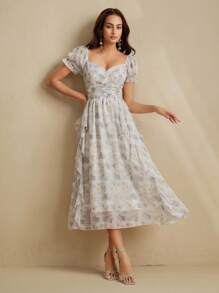 Anewsta Elaire 女士优雅浪漫碎花方领雪纺精致派对礼服 - 藍色 - 查看 7