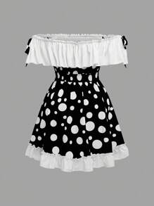 Sweetra 大码可爱迷人的蘑菇印花露肩迷你连衣裙 - 黑與白 - 查看 2