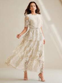 Anewsta 优雅高端圆领蕾丝钻石腰带可调节束腰夏季长裙高品质优雅女士 - 杏色 - 查看 7