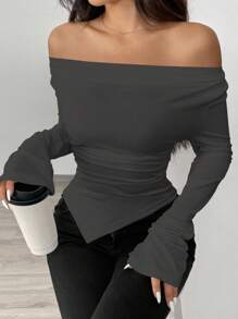 Zielony 垂坠领口露肩不对称下摆针织 T 恤