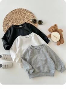 3 件套男婴百搭纯色宽松修身罗纹下摆圆领运动衫和裤子，秋冬季 - 彩色 - 查看 1