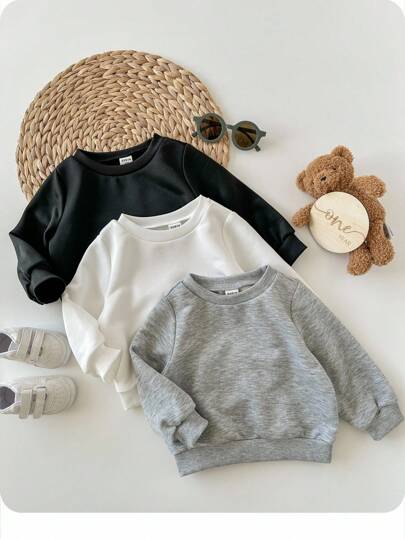 3pcs/Set Baby Boy All-Match Solid Color Loose Fitted Ribbed Hem Crew Neck Sweatshirts And Pants, Fall & Winter