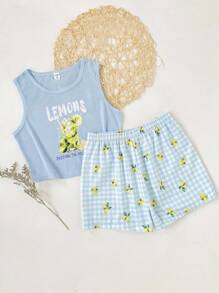 少女简约柠檬格子印花吊带背心和短裤休闲套装 返校时尚 - 彩色 - 查看 5