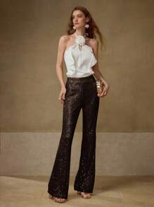 MOTF PREMIUM SEQUIN FLARE LEG PANTS - Apricot - View 1