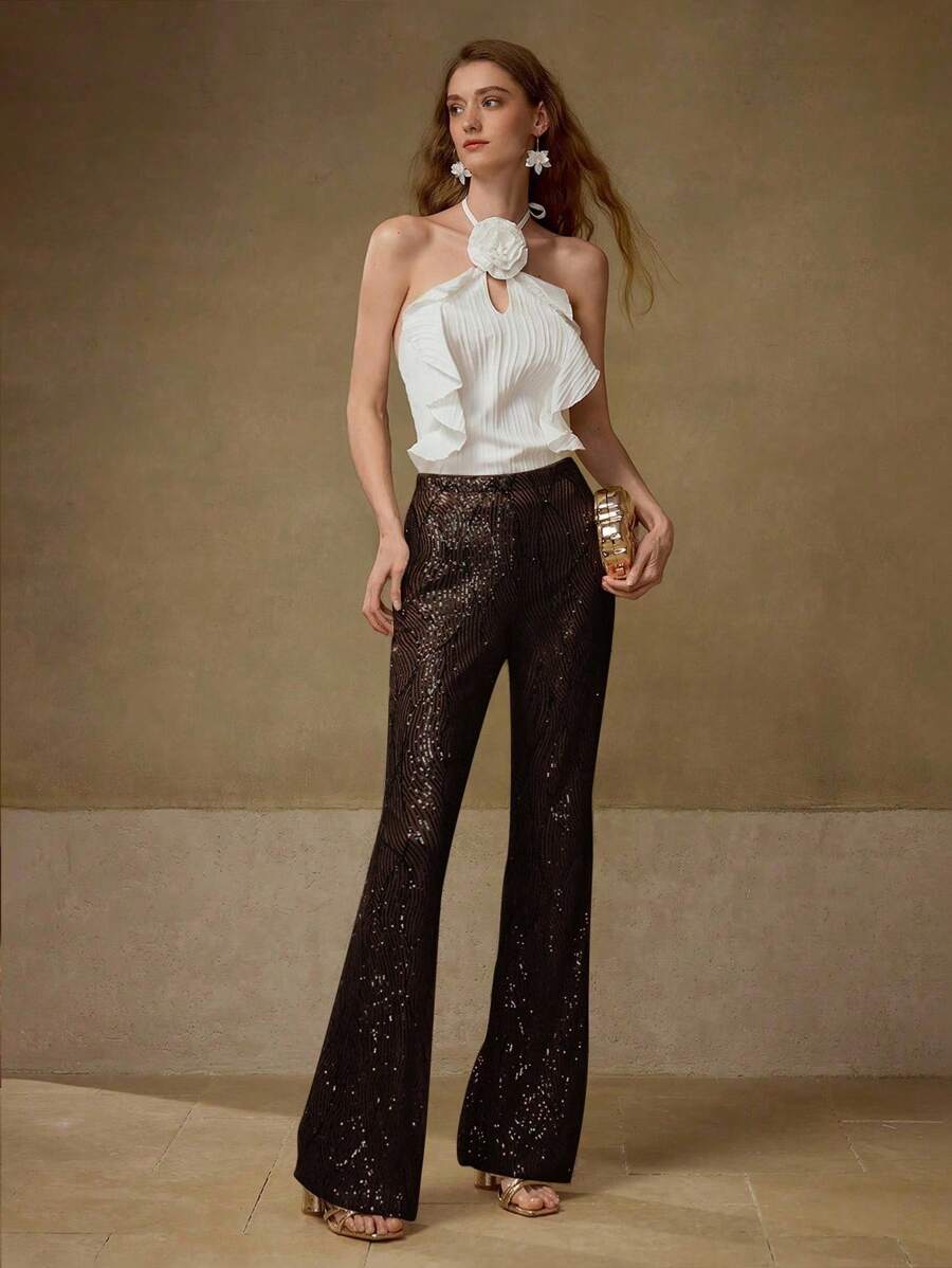 MOTF PREMIUM SEQUIN FLARE LEG PANTS - Apricot - View 1