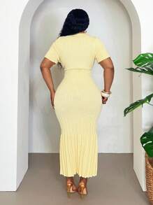 Slaydiva 春夏新品百搭优雅针织 A 字裙，休闲日常穿着，生日，派对，通勤，大码，短袖圆领 - 黃色 - 查看 2