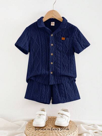 Cozy Pixies 2pcs/Set Young Boy Plain Collar Short Sleeve Cardigan With Elastic Waist Shorts