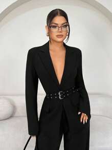 SHEIN SXY Plus Size Women's Black Business Double-Breasted Casual Blazer, Autumn/Winter - Black - View 4