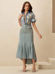 Anewsta Women Blue Single-Breasted Floral Embroidery Puff Sleeve Shirt - Blue - View 4