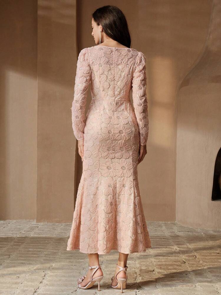 Floral Sequin Embroidery Pink Long Sleeve Mermaid Hem Evening Dress