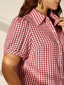 EMERY ROSE Plus Size Summer Casual Grid Pattern Puff Sleeve Shirt For New Year Clothes - Red - View 7