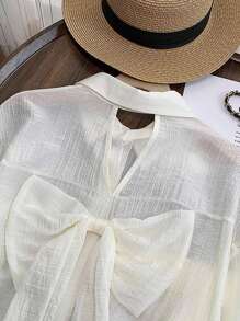 Breezaya 女士时尚休闲镂空蝴蝶结后背衬衫 - 杏色 - 查看 3