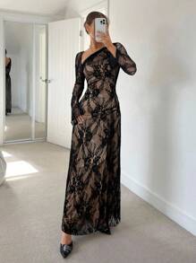 Siren Gaze Women Asymmetrical Mesh Black Bodycon Dress, Bare Shoulder, Pleated Waist, A-Line Hem, Holiday Dress, French Camisole Dress, Black Long Sleeve Dress Black Lace Dress See Through Dress Long Sleeve Midi Dress Elegant Evening Dress,Fall Dresses For Women Winter Party Evening Dress