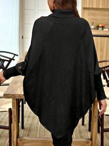 EMERY ROSE 女士加大码纯色针织纽扣领蝙蝠袖长袖高领斗篷毛衣，修身优雅，适合秋冬季节穿着。 - 黑色 - 查看 2