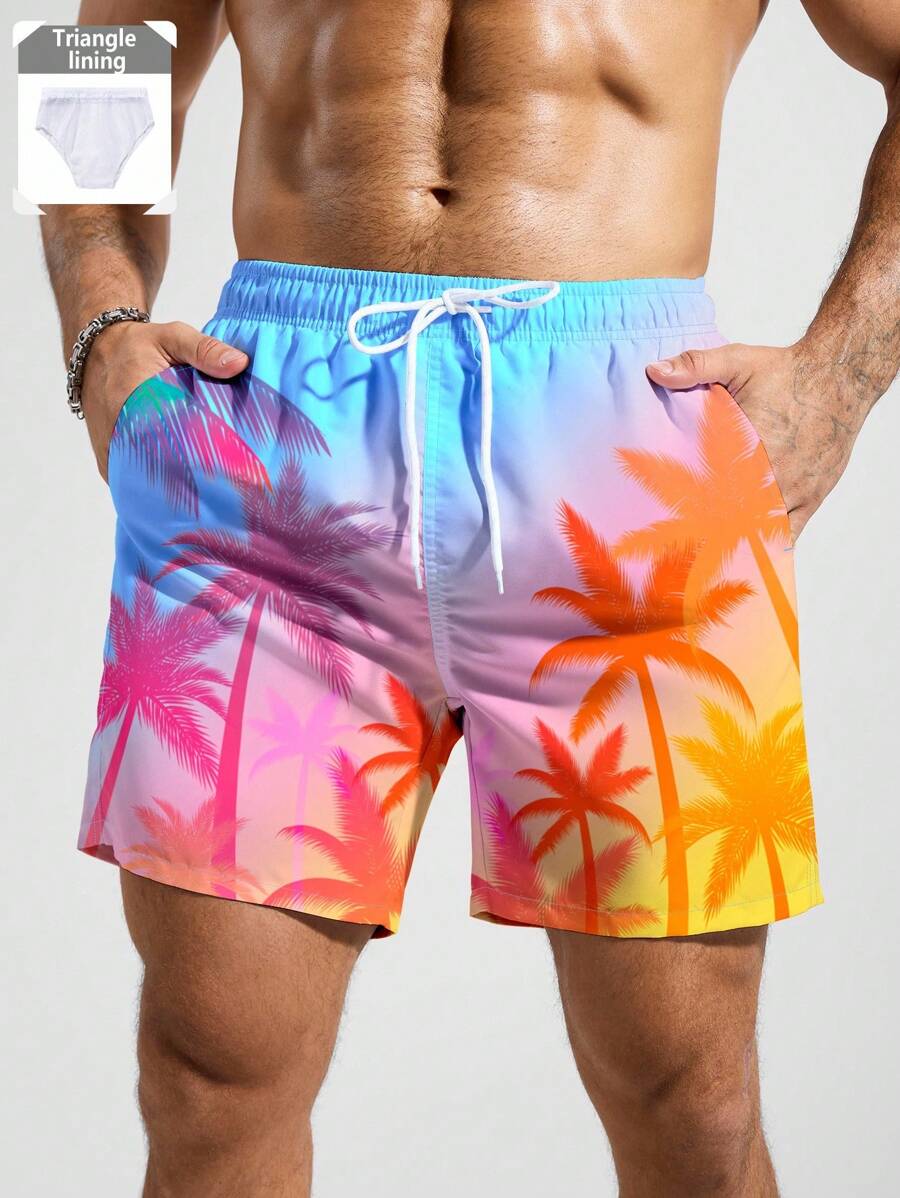 Manfinity KASUA Pantaloncini da spiaggia da uomo taglie forti con stampa di palme, adatti per spiaggia, vacanza, stile hawaiano