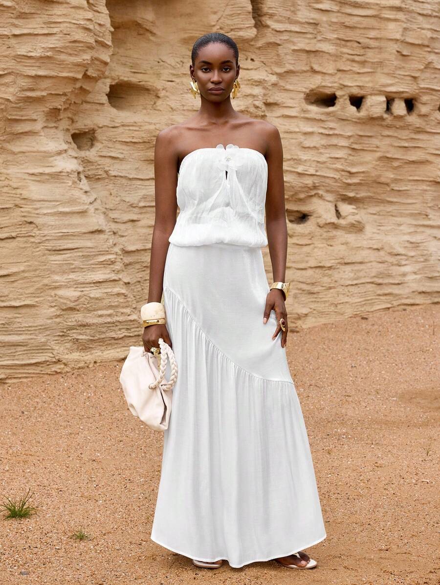 Zivah 2025 春夏新款 音乐节、复活节、圣帕特里克节、西部风、游牧风、生日派对、毕业典礼、学院风、学生风、日常穿着、百搭百搭、休闲、度假、邮轮、海滩、日光浴、线上时尚、街头服饰、婚礼宾客波西米亚风、通勤、早午餐、机场、飘逸杏色/米色网眼虹彩女裙 - 白色 - 查看 1