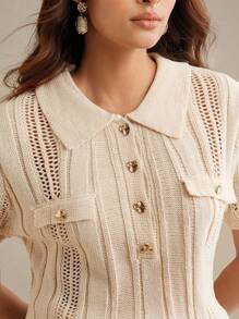 Anewsta 女式针织休闲修身马球领纹理套头衫 - 杏色 - 查看 1