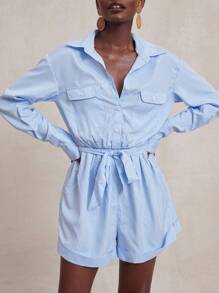 SHEIN Unity 连体裤长袖纽扣领 Warap 领带细节早午餐日常休闲商务休闲海滩度假迷你连体裤春夏 7 月 4 日女士服装