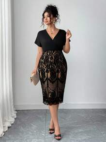 Auvina Plus Size Women Patchwork Floral Lace Hem Overlap V-Neck Short Sleeve Elegant Dress - Multicolor - View 3
