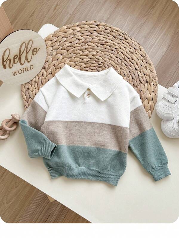 SHEIN Suéter de bebé niño de manga larga con cierre a presión, cuello suave y estampado de bloques de color