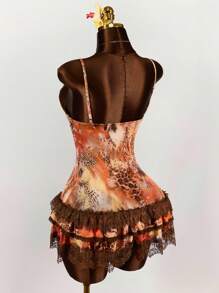 Amplova 复古豹纹蕾丝拼布细肩带层叠荷叶边下摆迷你连衣裙 - 橘色 - 查看 11