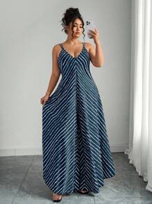 Elenzga 大码夏季新款条纹连体裤，休闲宽松度假风，性感细肩带阔腿裤，女款