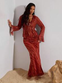 Opulessa Áo kiểu nữ dệt kim lưới kẻ sọc tay dài có bèo nhún, thích hợp cho kỳ nghỉ hè, du lịch. - Đỏ - Xem 3