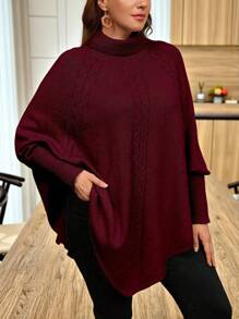 Linhara بونشو كنزة صوفية محبوك بأكمام خفاش وياقة عالية بأزرار، لون أحادي أنيق مناسب للخريف والشتاء - عنابي اللون - مشاهدة 4