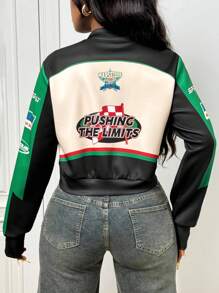 Slaydiva 2025新款早秋冬休闲街头日常约会机车复古棒球夹克口号Logo杏色拼接黑绿印花落肩长袖宽松外套针织面料女装