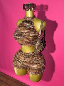 Slaydiva 2 件套 2025 春夏新款休闲街头风格性感毛绒纹理无袖高领露背短款上衣 + 条纹毛绒紧身迷你裙，适合音乐节、复活节、毕业典礼、日常穿着 - 彩色 - 查看 7