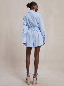 SHEIN Unity 连体裤长袖纽扣领 Warap 领带细节早午餐日常休闲商务休闲海滩度假迷你连体裤春夏 7 月 4 日女士服装