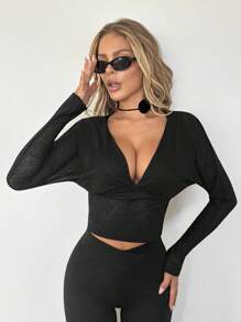 SHEIN ICON Áo cánh dài tay hở vai cổ chữ V sâu cho nữ - màu đen - Xem 5