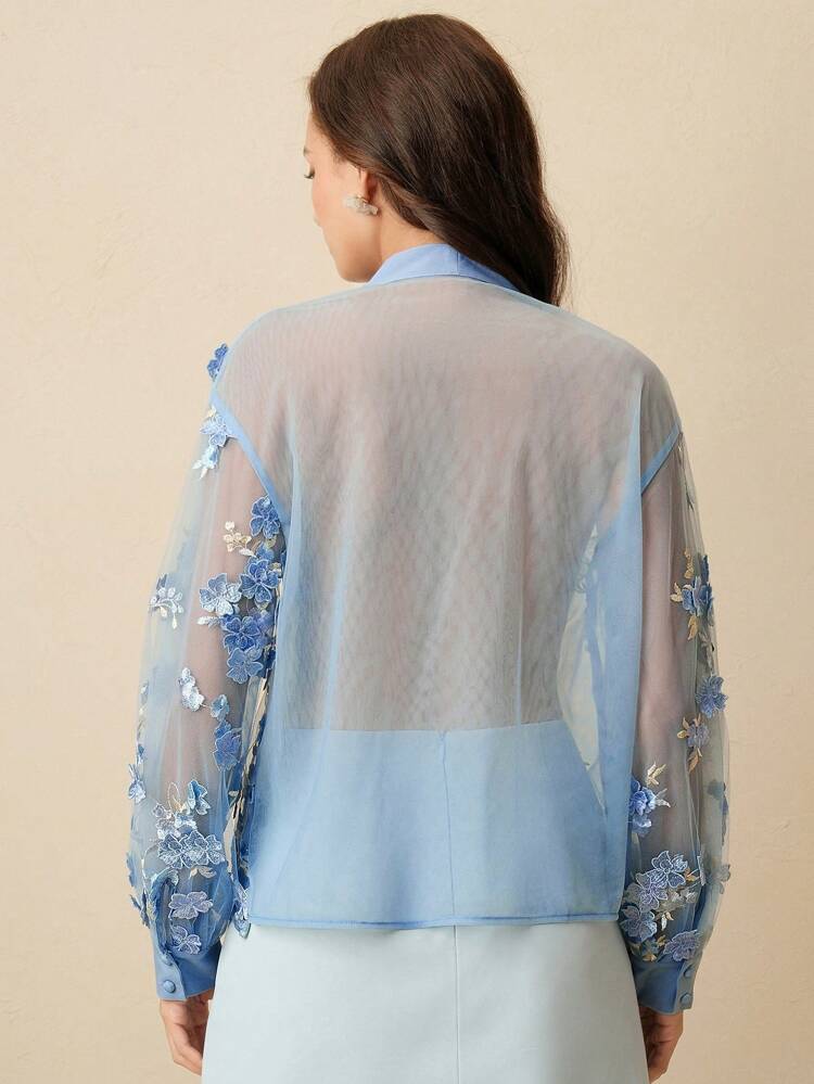 Blusa Elegante de Malha Transparente com Flor 3D para Mulheres