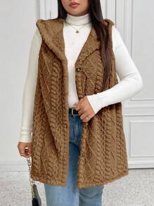 SHEIN Elenzya Plus Size Casual Fluffy Jacquard Solid Color Thick Hooded Single-Breasted Versatile Cardigan Vest Jacket Winter Fall Autumn - Brown - View 3