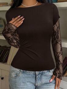CovetEZ Women Casual Coffee Brown Knit Lace Patchwork Long Sleeve Top, Summer - Coffee Brown - View 6