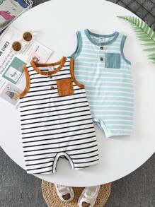 2pcs/Set Baby Boy Casual Striped Color Block Tank Top & Shorts Set, Suitable For Spring & Summer