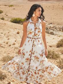 Anewsta Vestido de mujer elegante y romántico con volantes en el bajo, sin mangas, con estampado floral, para vacaciones/citas, atuendo casual para primavera/verano, ideal para festivales y vacaciones